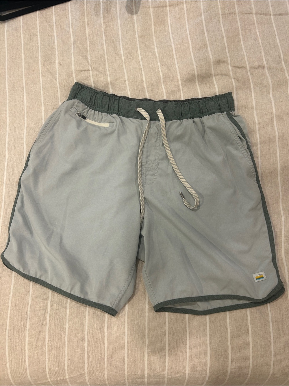 Vuori Light Gray Swim Trunks with Dark Green Trim